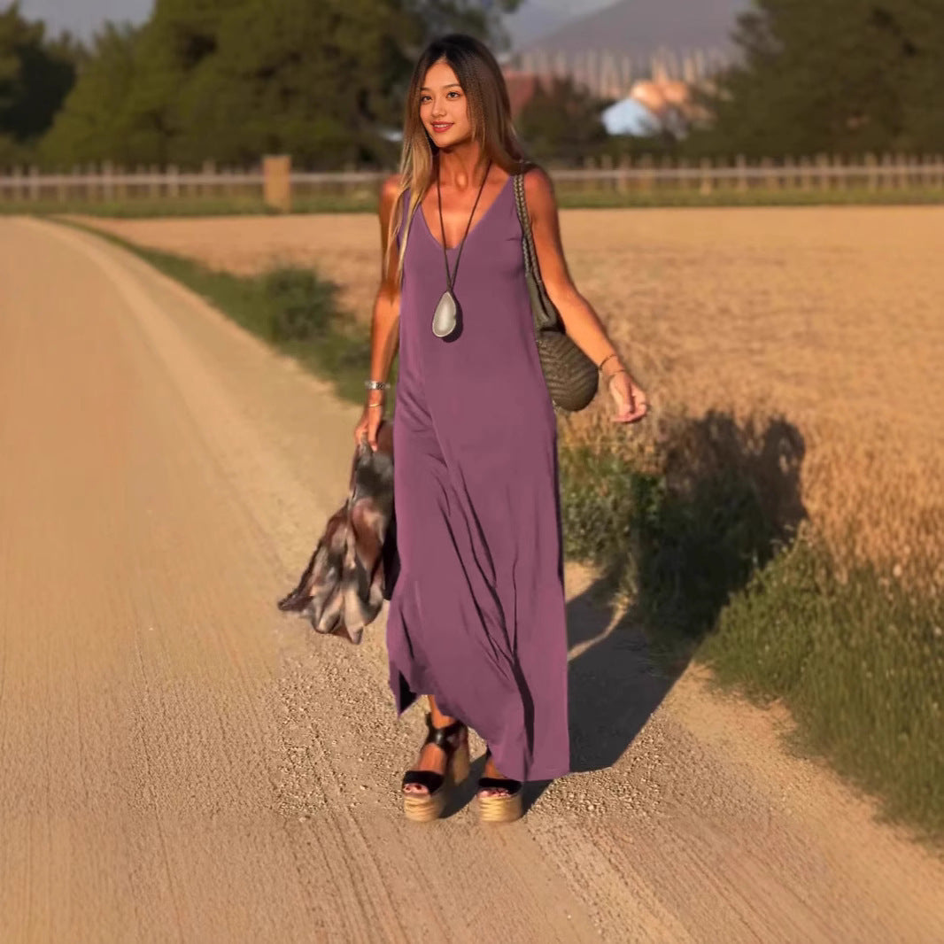 Robe tendance à bretelles, col en V sexy