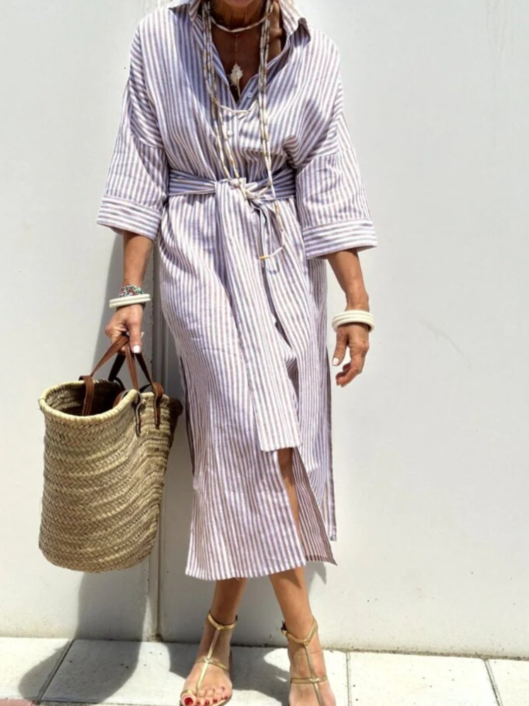 Robe Chemise Rayée Avec Ceinture - Robes à Col Revers et Boutons à Manches Courtes