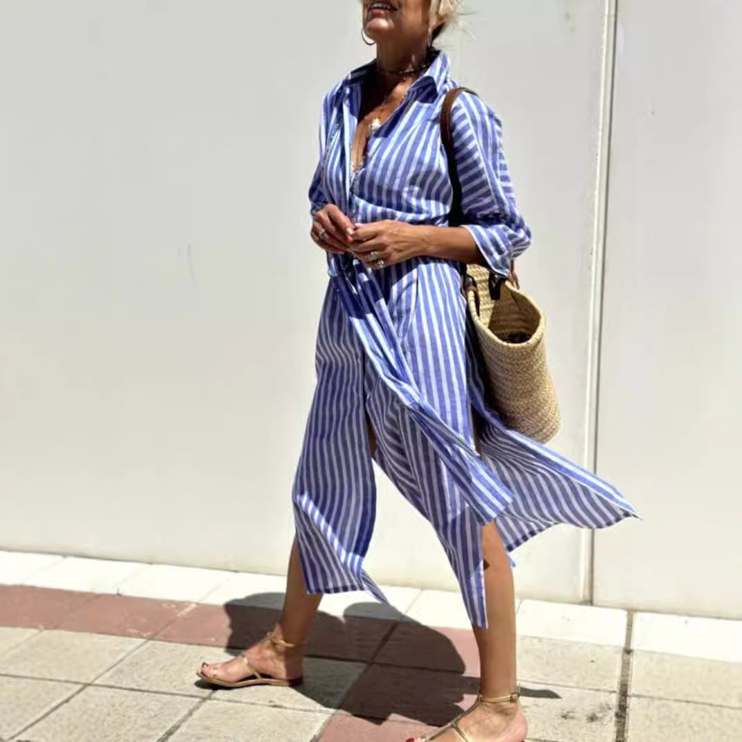 Robe Chemise Rayée Avec Ceinture - Robes à Col Revers et Boutons à Manches Courtes