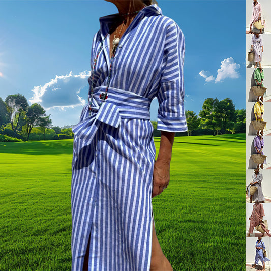 Robe Chemise Rayée Avec Ceinture - Robes à Col Revers et Boutons à Manches Courtes