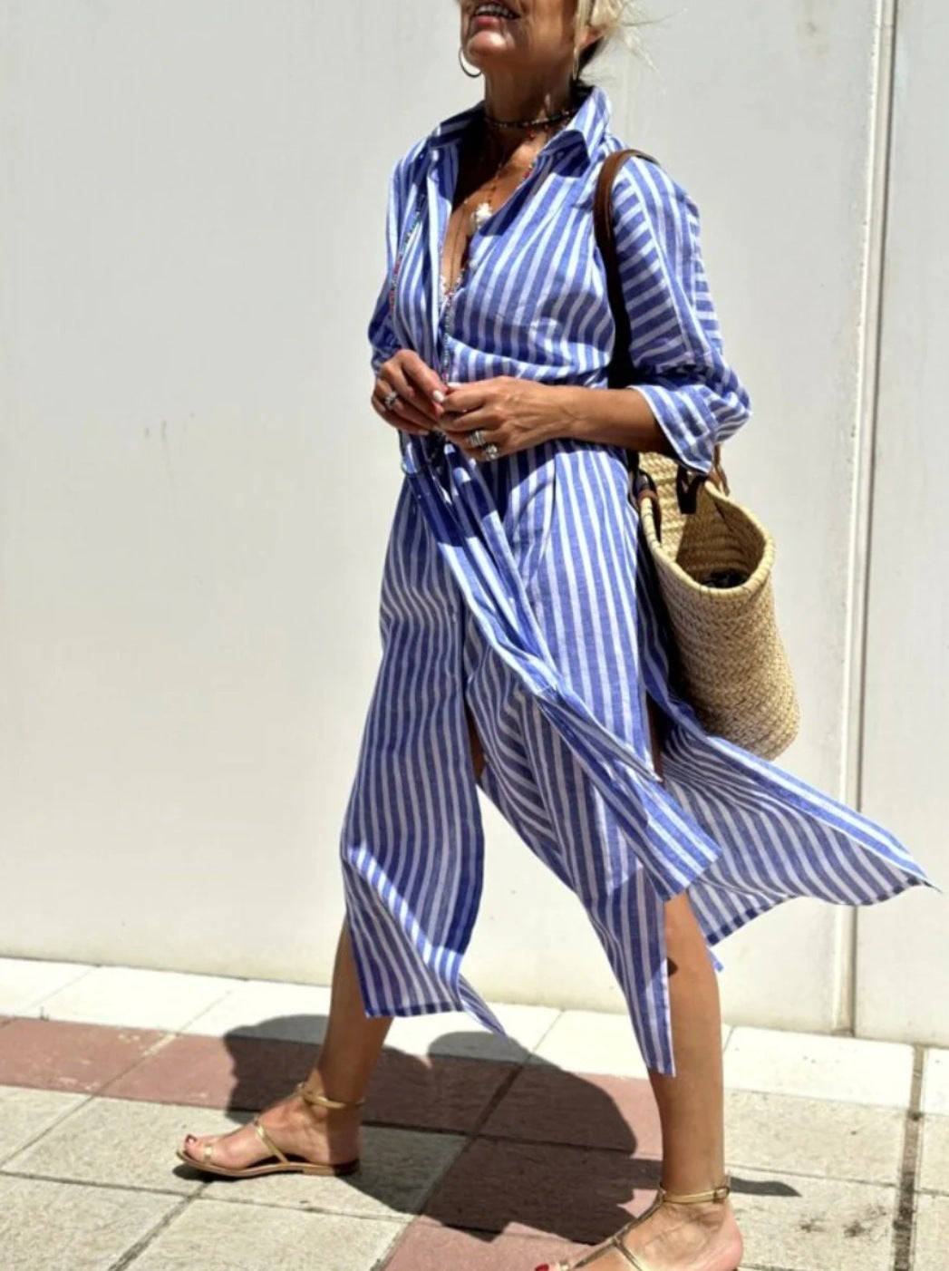 Robe Chemise Rayée Avec Ceinture - Robes à Col Revers et Boutons à Manches Courtes