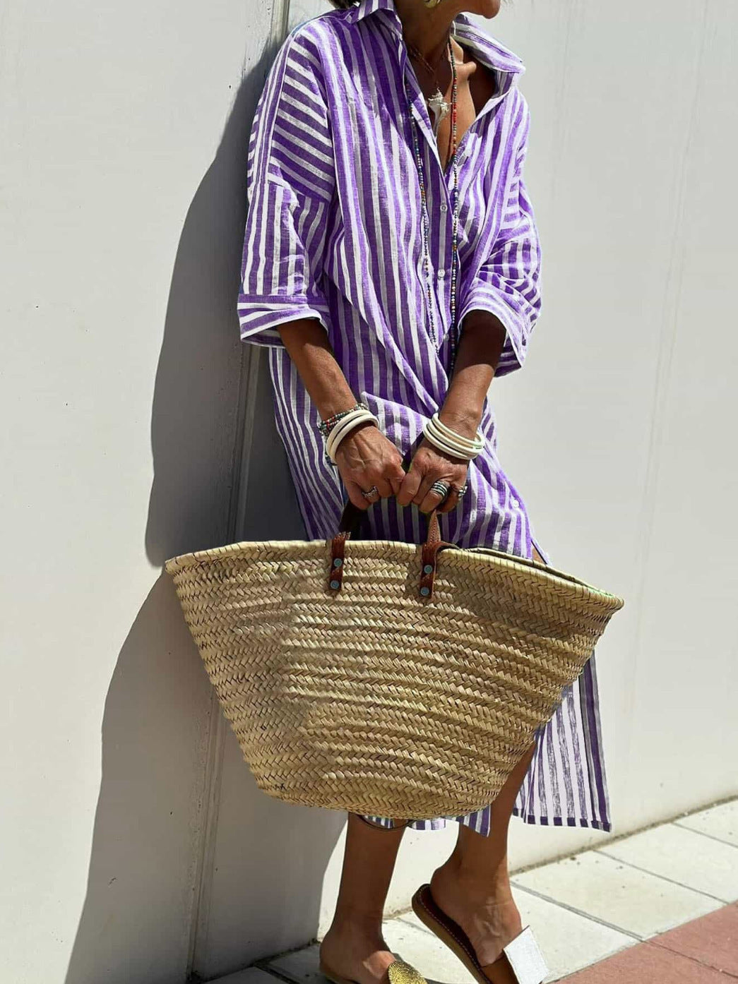 Robe Chemise Rayée Avec Ceinture - Robes à Col Revers et Boutons à Manches Courtes