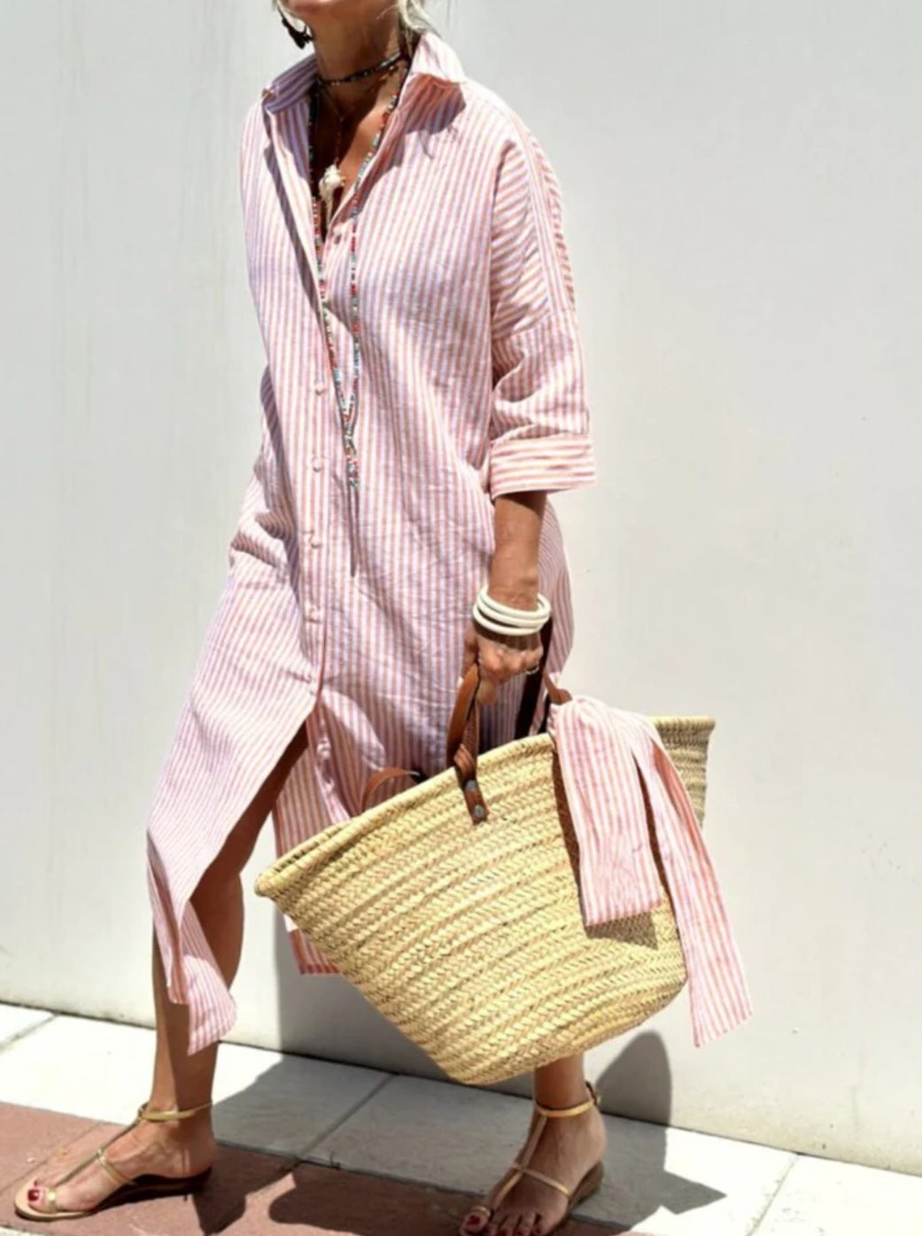 Robe Chemise Rayée Avec Ceinture - Robes à Col Revers et Boutons à Manches Courtes