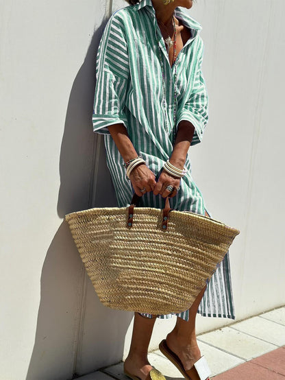 Robe Chemise Rayée Avec Ceinture - Robes à Col Revers et Boutons à Manches Courtes