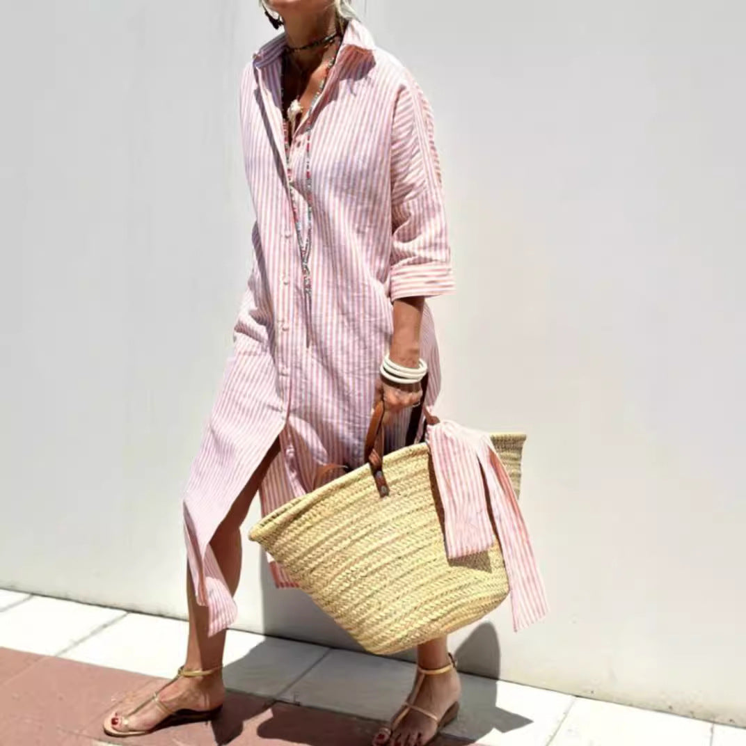 Robe Chemise Rayée Avec Ceinture - Robes à Col Revers et Boutons à Manches Courtes