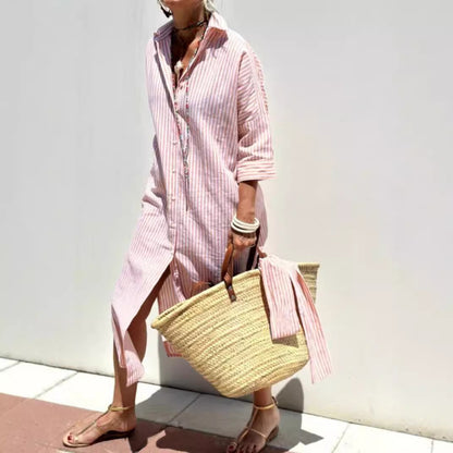 Robe Chemise Rayée Avec Ceinture - Robes à Col Revers et Boutons à Manches Courtes