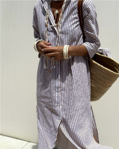 Robe Chemise Rayée Avec Ceinture - Robes à Col Revers et Boutons à Manches Courtes